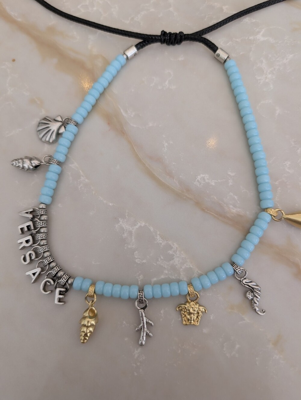 Versace Light Turquoise Bead Charm Necklace with Gold & Silver Accents - Picture 3 of 6